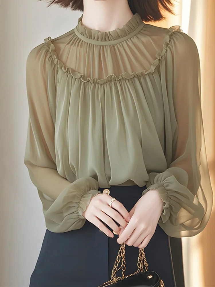 ربيع الخريف جولة الرقبة طويلة الأكمام الفرنسية فضفاض الشيفون قميص رمادي أخضر فضفاض البلوز أنيقة أعلى طويلة الأكمام قميص المرأة #4