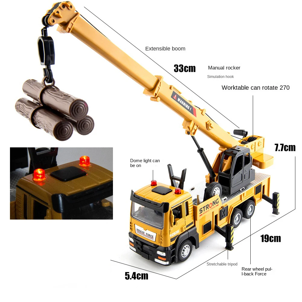 รถเครนจำลอง1/32อัลลอยด์แบบดึงถอยหลังสำหรับวิศวกรรมโมเดลหัวรถจักรติดตั้งบนรถบรรทุกพร้อมไฟเสียงของเล่นเด็ก