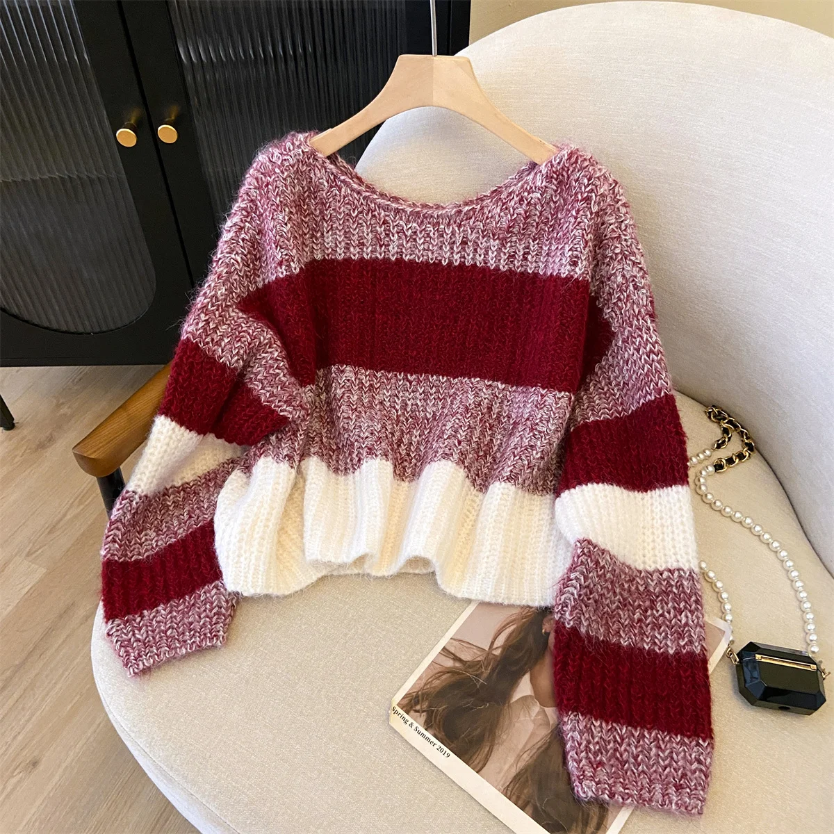 

Women's O-Neck Striped Knit Pullover Loose Sweater Harajuku Vintage Y2k Long Sleeve Japanese Cashmere Sweater 2000s Clothes 2025