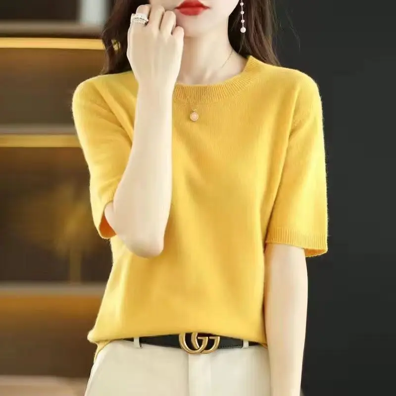 Women\'s Spring and Autumn New Fashion Elegant Solid Color Round Neck Casual Versatile Short Sleeve Loose Sweater Knitted Tops