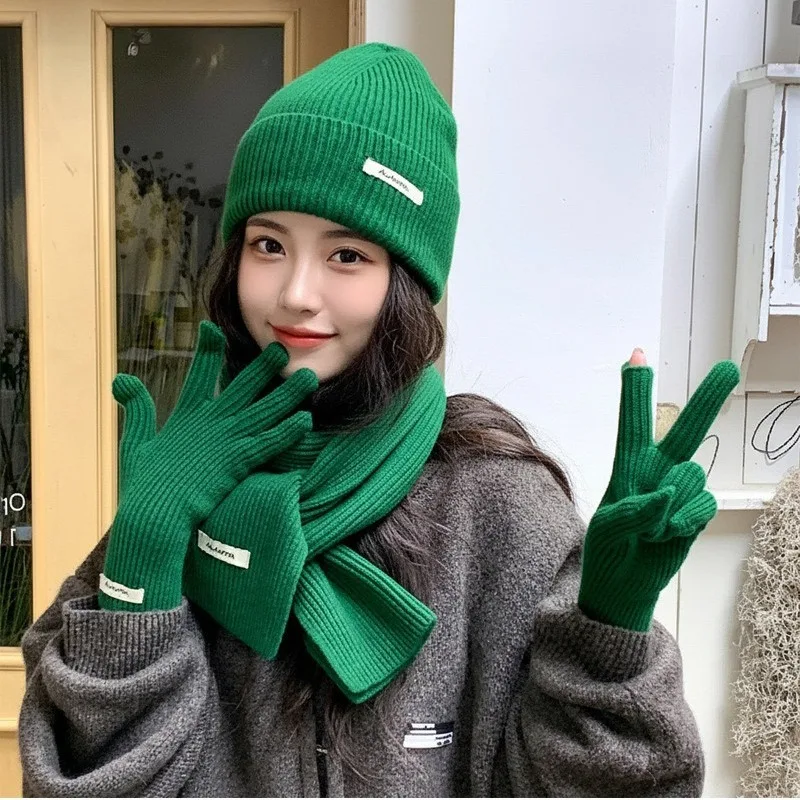 Winter Warm Knitted Hat Scarf Gloves Women's Windproof Adult Three-piece Set Scarves Solid Color Fashion Korean Hats for Women