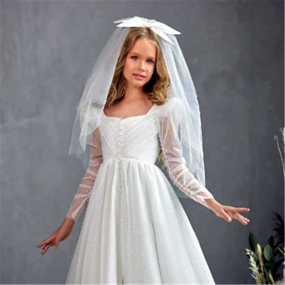 Sanctity WHITE Flower Girl Dresses For Wedding Tulle Long Sleeve Shiny Kids Birthday Gift Party First Communion Ball Gowns