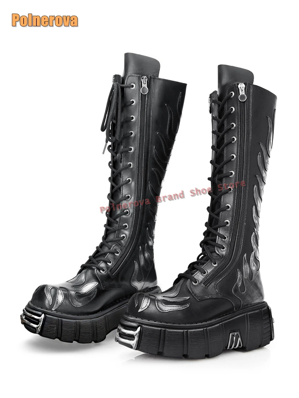 

Flame Print Platform Motorcycle Boots Round Toe Thick Sole Zipper Closure Lace-Up Couple Knee High Boots Metal Decoration Autumn