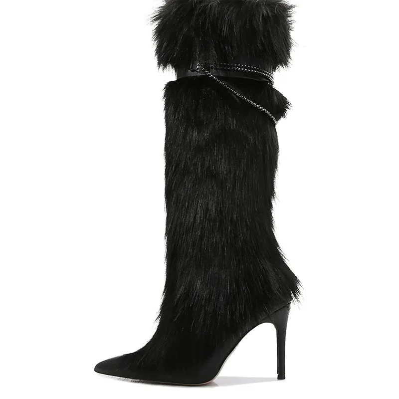 2025 New in Pink Fur Padlock Shark Boots Black/White Chunky Heel Leather Pointed Toe Mid Calf Boots Women's Sexy Luxury Shoes