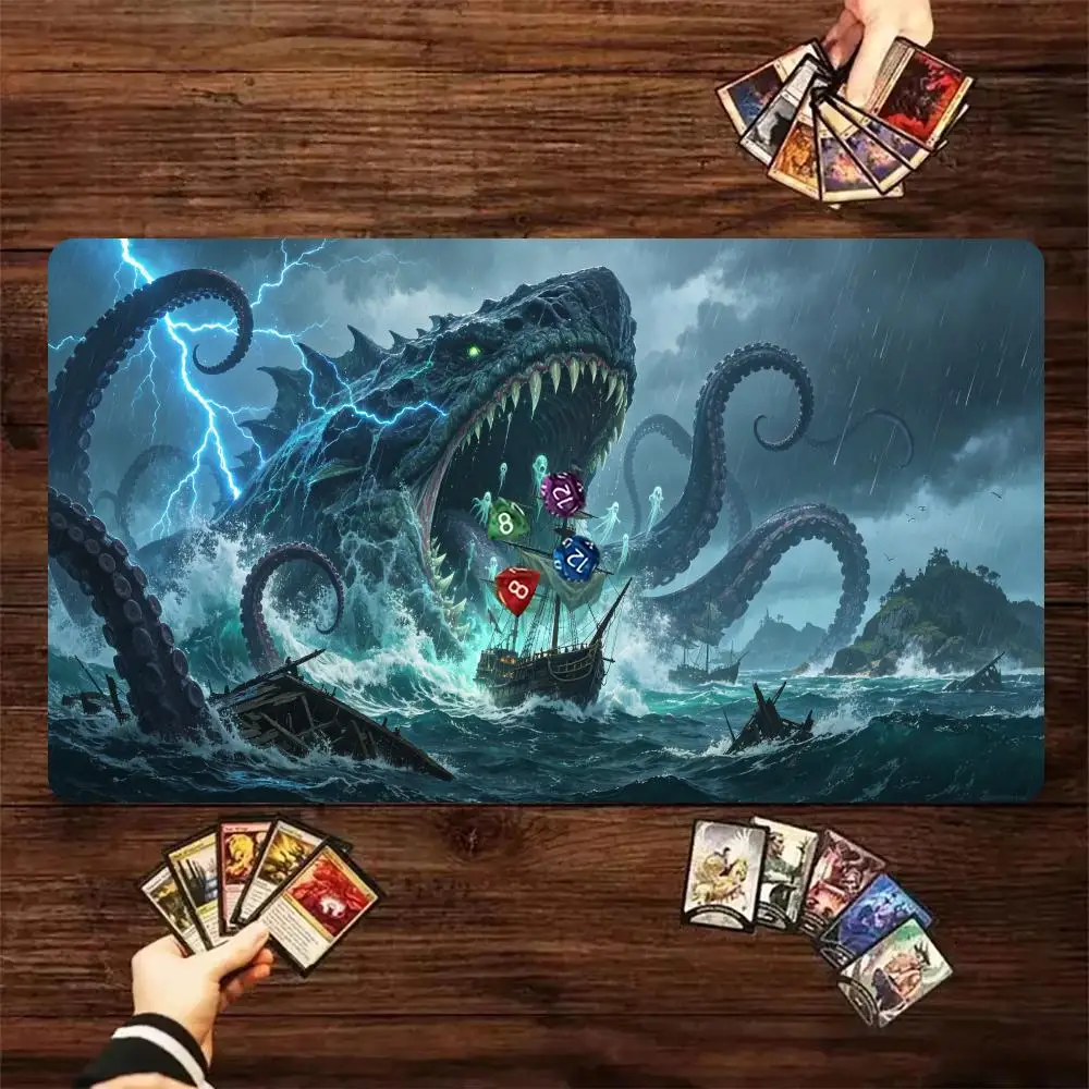 60X35cm Kraken Sea Monster Storm Play mat Large Table Mat with Stitched Edge Non-Slip Rubber Desk Pad for Card Gaming