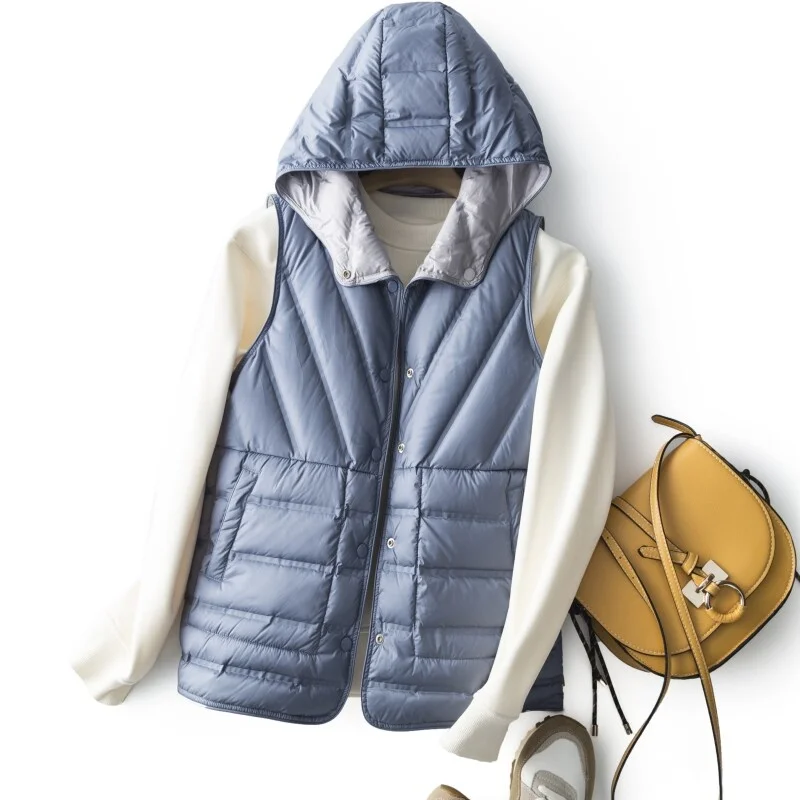 Two-Sided Winter Women Warm Hooded Down Waistcoat Jacket Light Thin White Duck Down Vest Coat Female Short Sleeveless Tank Parka