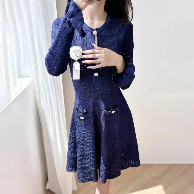 

2025 Autumn New Women's Round Neck Handmade Hook Flower Hollow Long Sleeve Dress y2k High Quality Fashion 3D Flower Mini Skirt