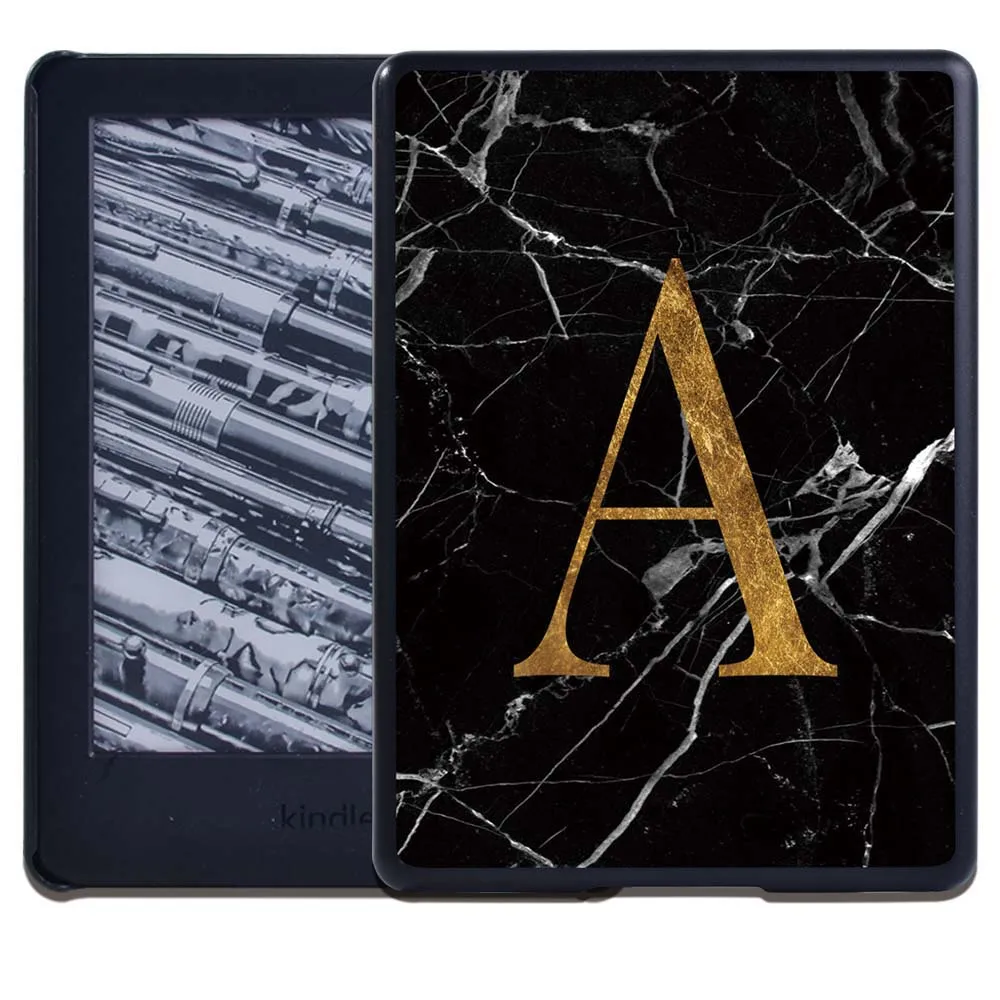 Tablet Back Case for Kindle Ereader Paperwhite 1/2/3/4/Kindle 8th 2016/10th Gen 2019 Black Marble 26 Letters Hard Shell Cover