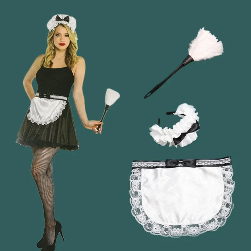 Mulheres cosplay traje empregada francesa adereços avental branco pena espanador bandana halloween masquerade festa fantasia