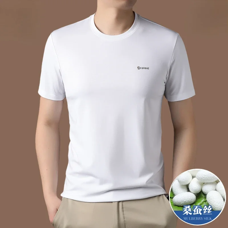 Solid Color Mulberry Silk Short Sleeve T-shirt for Men Summer Thin Loose T-shirt Men's Clothing Round Neck Underlay Ropa Hombre