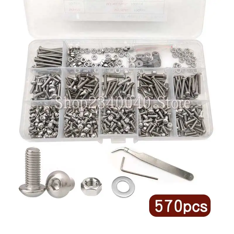 570pcs Stainless Steel M3 Button Head Socket Cap Screws Bolts Washers Nuts Hardware Assortment Kit with Hex Wrenche and Tweezers