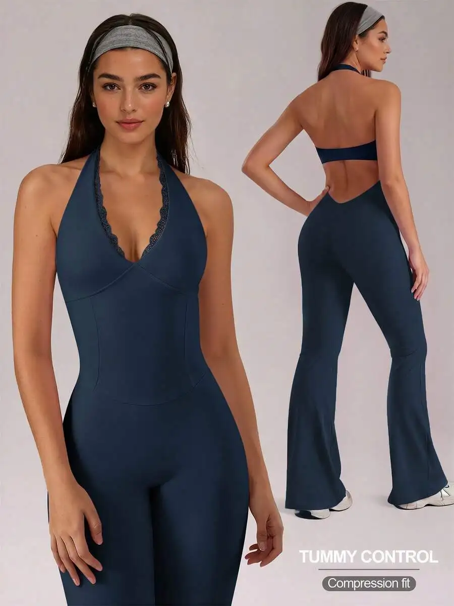 

Womens Halter Neck Yoga Jumpsuit Lace V Neck Backless Sleeveless Tummy Control High Stretch Workout One Piece