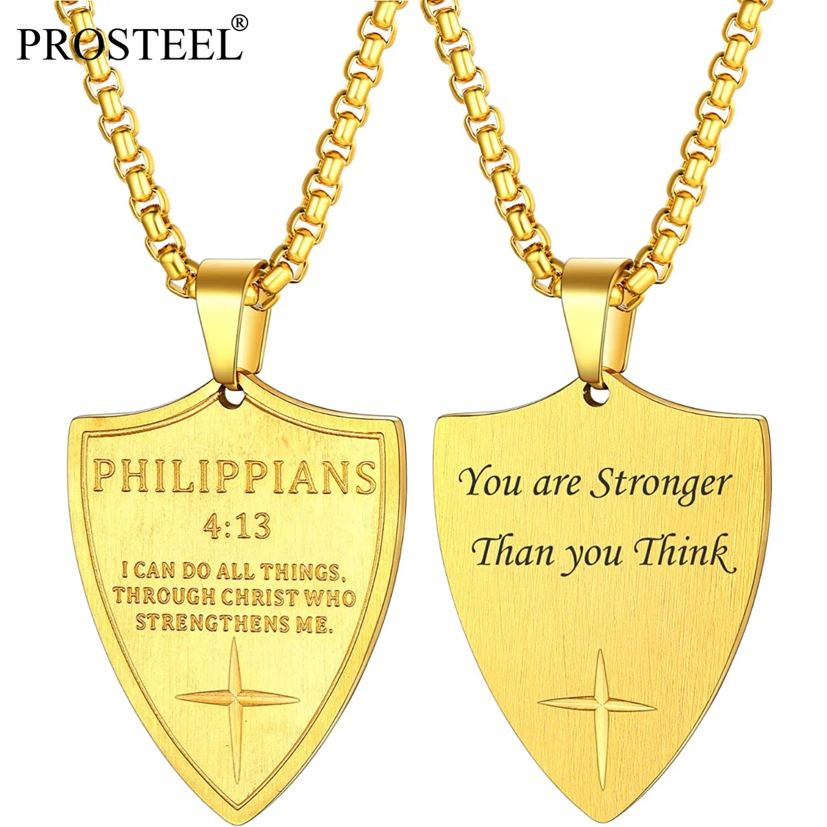 

PROSTEEL Stainless Steel Bible Verse Shield Pendant Necklace for Men Women Proverbs/Philippians/Joshua Faith Jewelry Customized