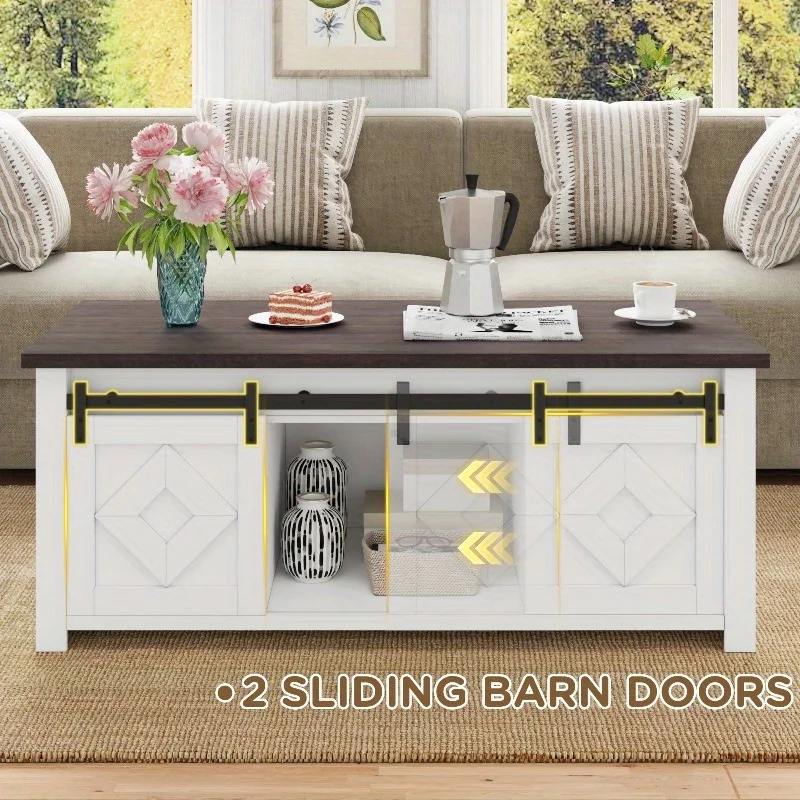 طاولة قهوة علوية قابلة للرفع في المزرعة مع مساحة تخزين وأبواب حظيرة منزلقة، وطاولة مركزية ريفية مع حجرة مخفية لغرفة المعيشة