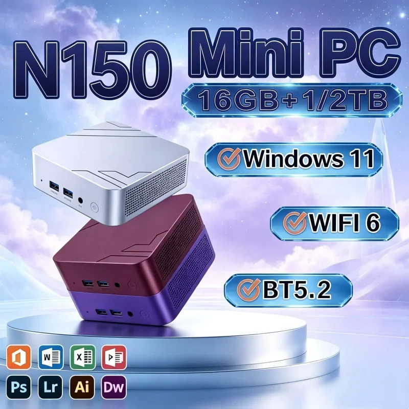 Mini PC Intel Core N150 Windows 11 Zippy Pocket Computer 16GB RAM 1/2TB SSD WIFI6 BT5.2 4K Desktop PC Gaming Computer