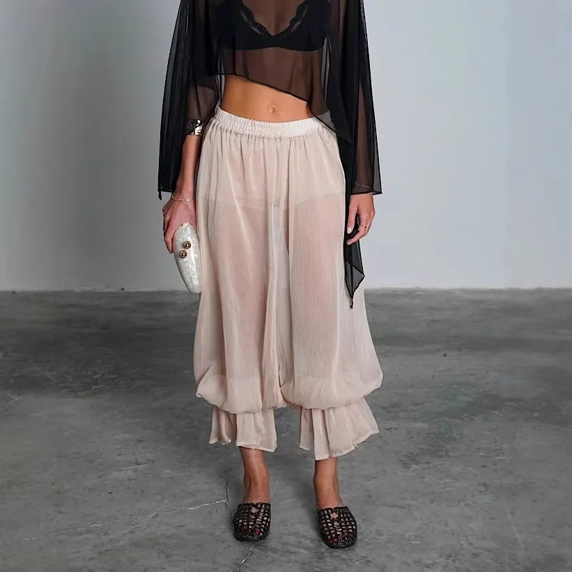 

Women's Summer Pleated Sheer Irregular Bubble Cuff Pants Elastic Waist Loose Wide Leg Elegant Versatile Street Party Trousers