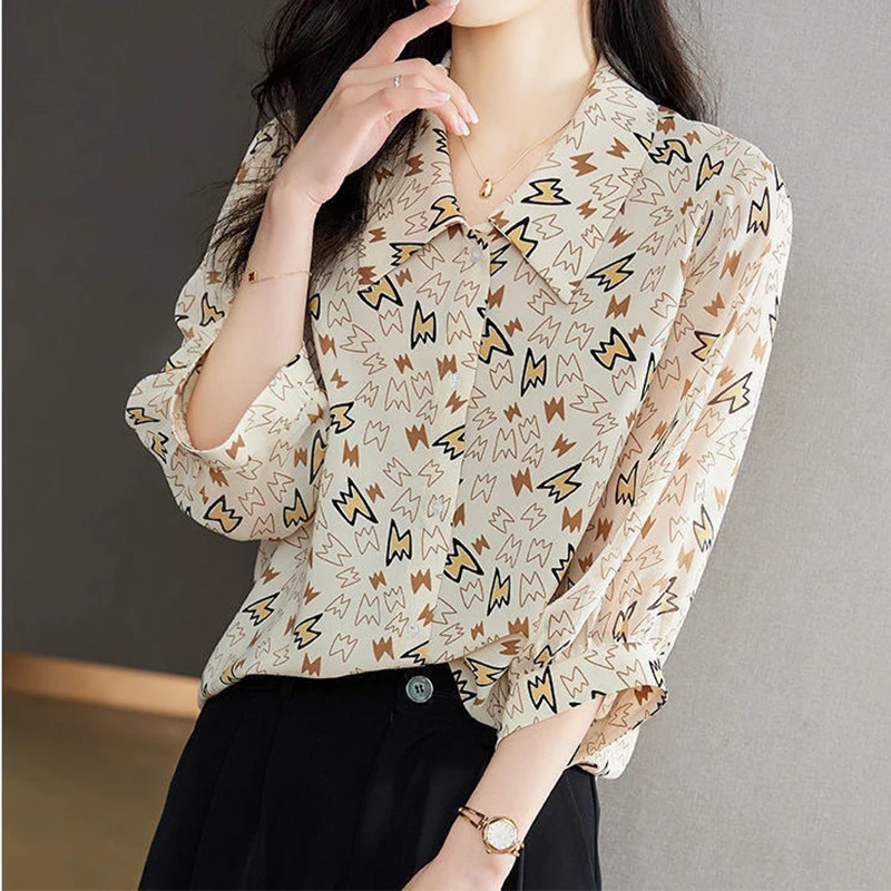 Summer Women's Turn-down Collar Thin Chiffon Shirt Office Lady Elegant Multicolor Temperament Trend Single Breasted Gauze Blouse