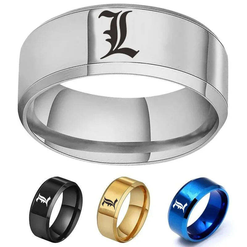 Death Note L-Shaped Logo Ring Laser Marking Stainless Steel Ring Cos Jewelry Decompression Entertainment Gift Trend Cool