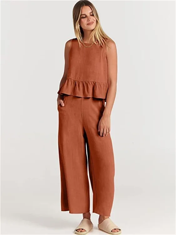 New Summer Suit Women's Sleeveless Pleated Round Neck Vest Buttoned Back Wide Leg Nine-Point Pants 2024 Solid Color Casual Suit