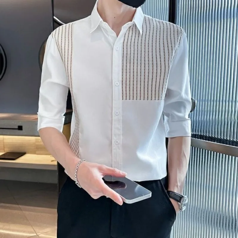 

​Summer Men's Patchwork Striped Three Quarter Sleeve Shirt Set Cool Stylish Slim Fit Premium Trendy Casual​
