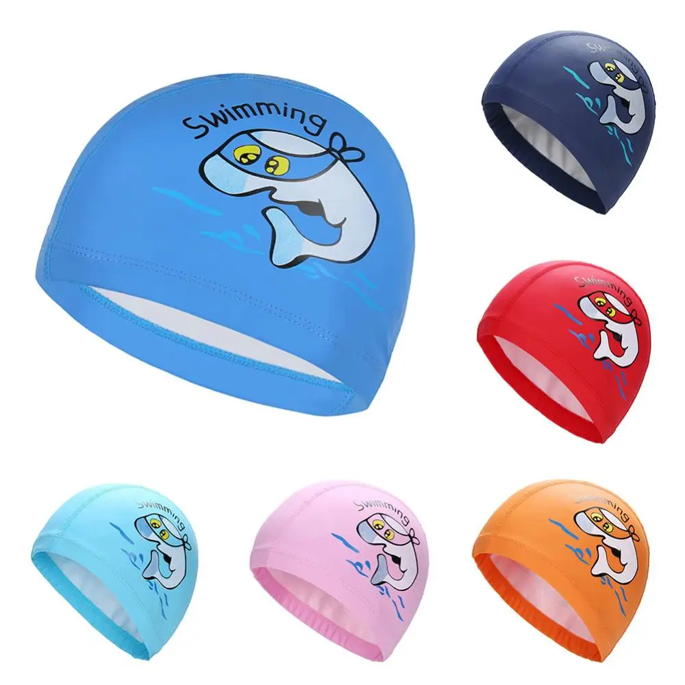 Cute Cartoon Dolphin Kids Children Waterproof Fake Leather PU Swimming Cap Ear Protection Hat