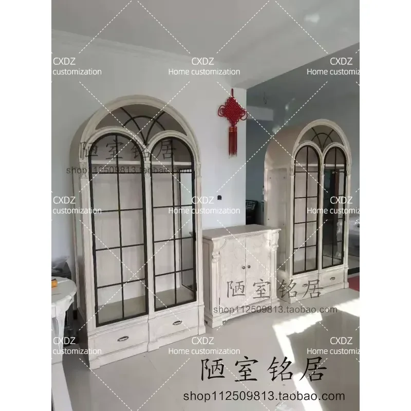 Solid Wood Carved Floral Dining Side Cabinet Light Luxury Arched Glass Wine Storage Cabinet European Style Revival Furniture
