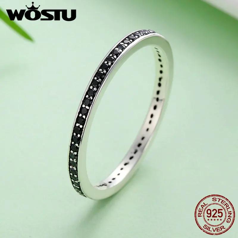 WOSTU Authentic 925 Sterling Silver Finger Stackable Rings With Black CZ For Women Fashion Jewelry Fine Gift FIR114
