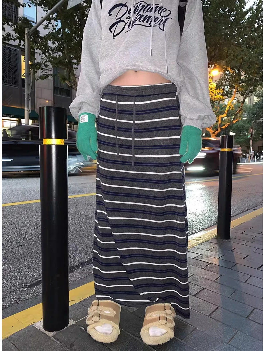 

Повседневная прямая юбка-миди с высокой талией, эластичным поясом на шнурке, свободного кроя, в полоску, с контрастными цветами, для ранней весны, стройнящая