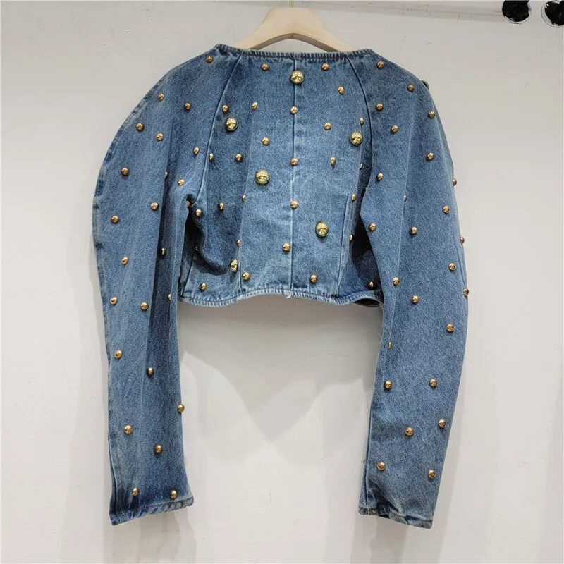 2024 Spring Summer New Design Sense Heavy Industry Fashion Round Nail Rivet Bubble Sleeve Short Denim Top For Women LX003