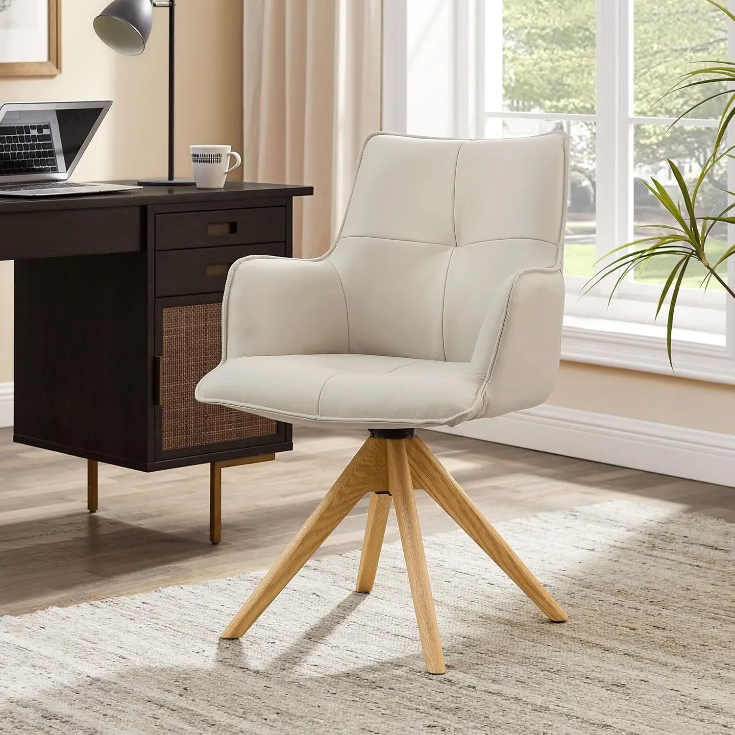 Mid Century Swivel Desk Chair No Wheels Leather Ivory, Customized