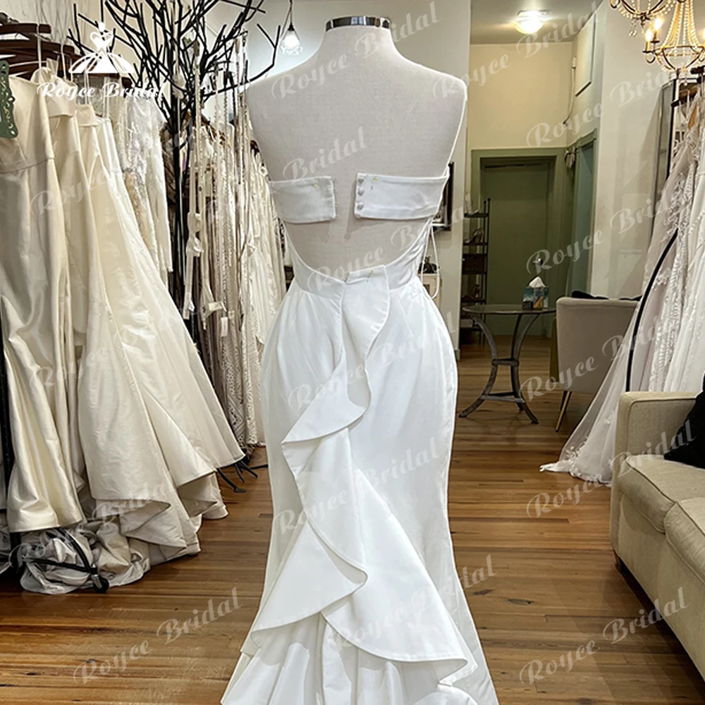 Simple Sexy Strapless Open Back Button Sleeveless Pleat Satin Mermaid Wedding Dress Boho Bridal Gowns Sweep Vestidos De Novia