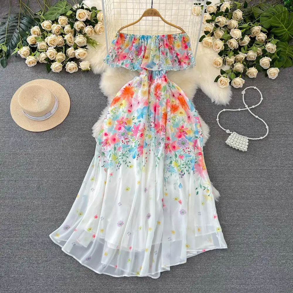 

2024 Summer Off Shoulder Chiffon Holiday Dress Women Ruffles Slash Neck Floral Print Elastic Waist Split Beach Vestidos 2418