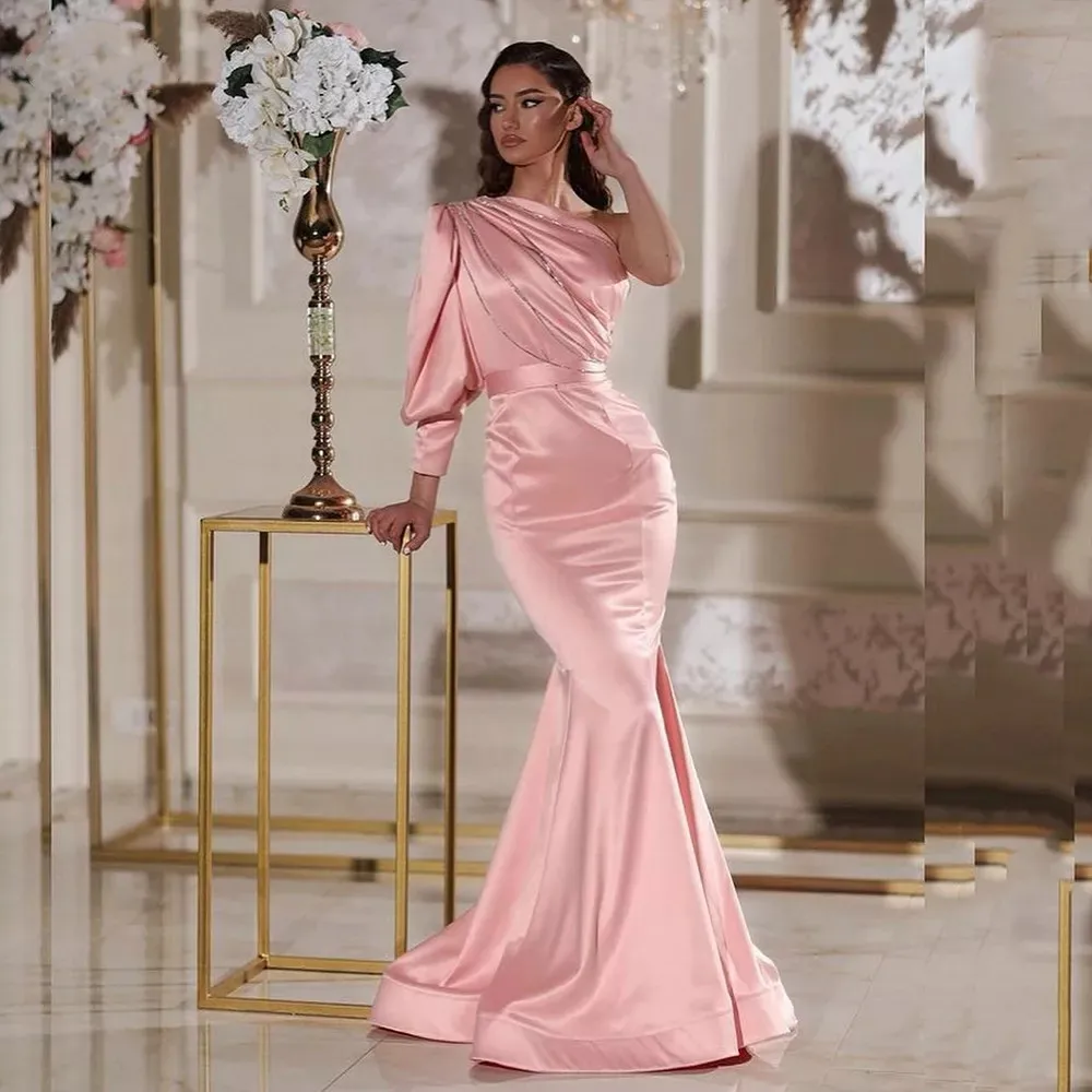 

Blush Pink Mermaid Evening Dresses 2023 One Shoulder Arabic Dubai Women Formal Dress Elegant Pron Gowns Vestidos De Fiesta
