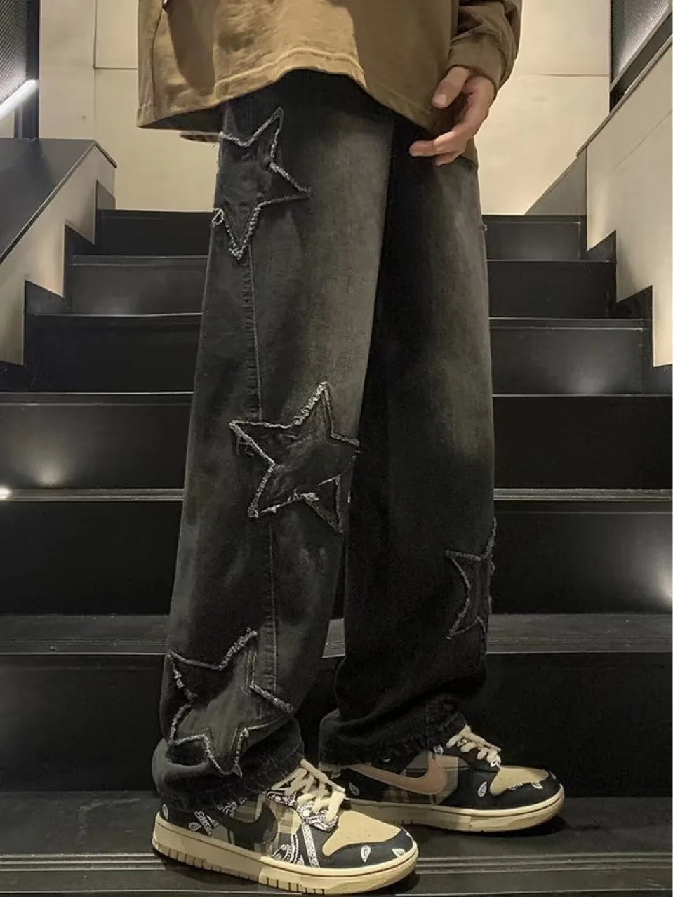 Patchwork Jeans Men's Star Pattern Straight Pants High Waisted Denim Pants Mens Baggy Jeans Zipper Fly Jeans Hip Hop Streetwear