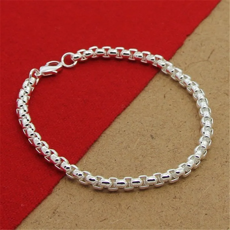 

925 Sterling Silver 8 Inches 4MM Round Box Chain Bracelet For Women Men Fashion Charm Wedding Engagement Gifts Jewelry Party