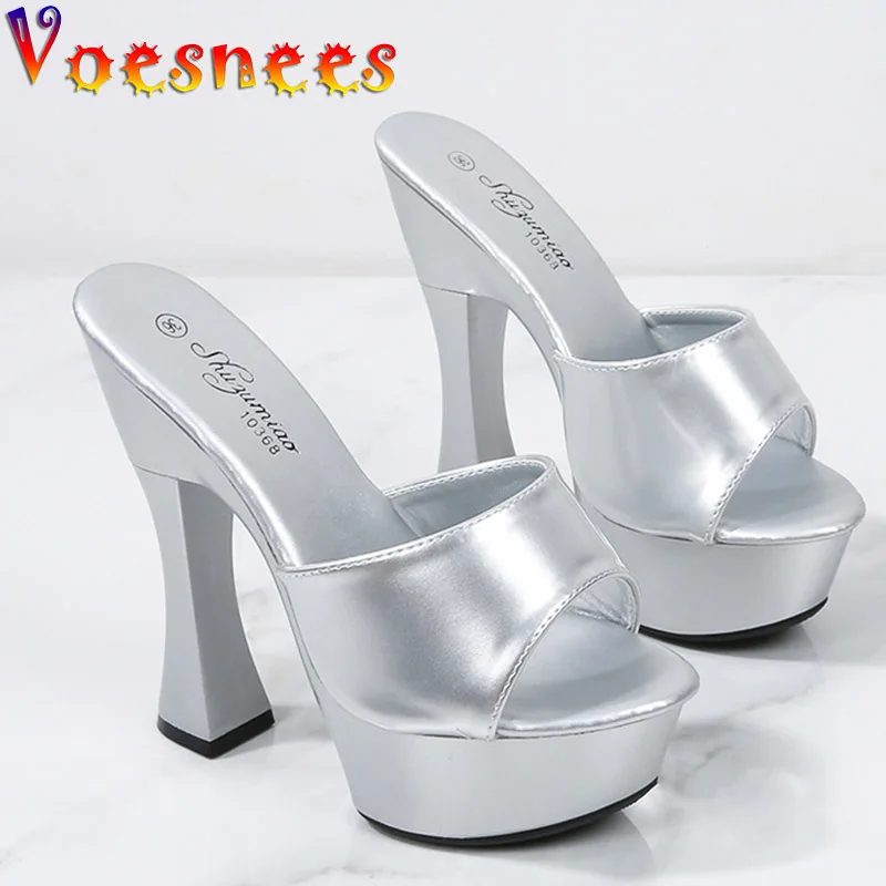 Voesnees 2022 New High Heels Round Toe Slippers Women Pumps 14CM Sexy Pure Colour Sandals Large Size Thick Platform Party Shoes