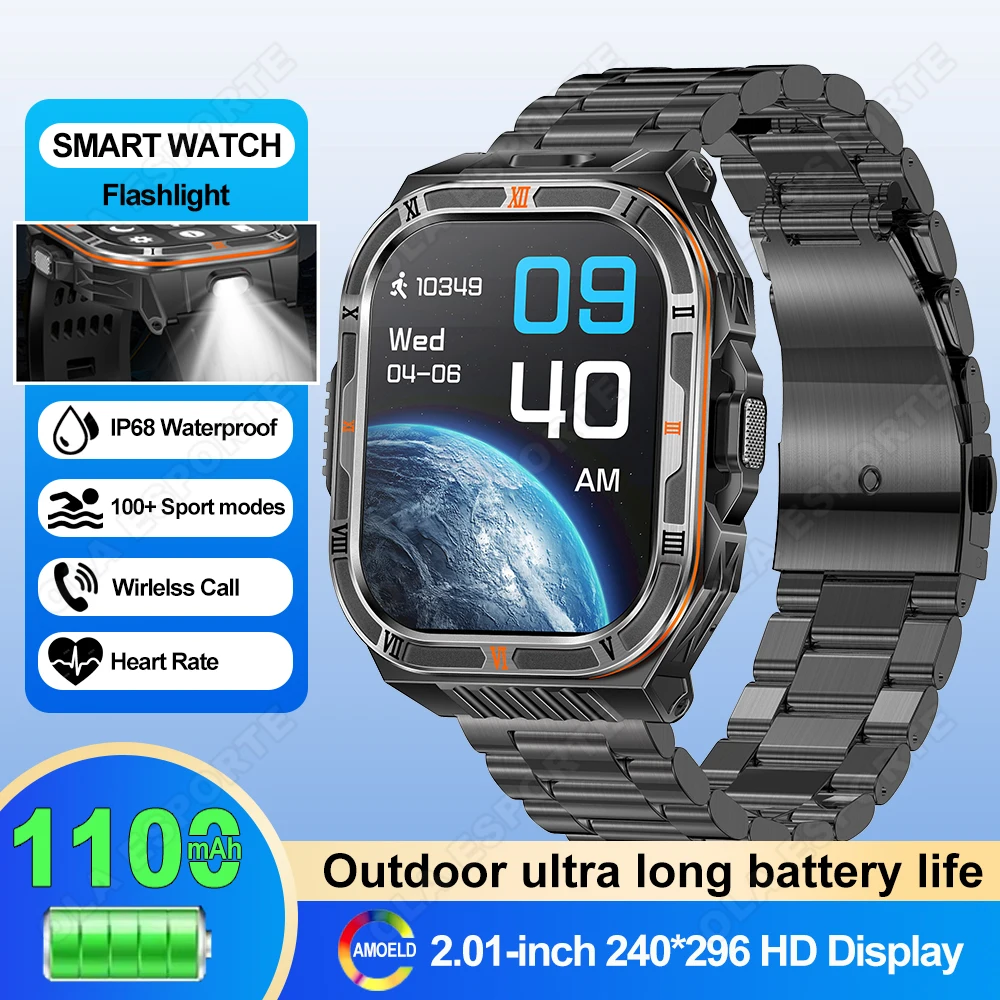 

New Smart Watch Men 1100mAh Ultra Large Battery IP68 Waterproof 2.01" HD Display Outdoor Sports Smartwatch Heart Rate Monitoring