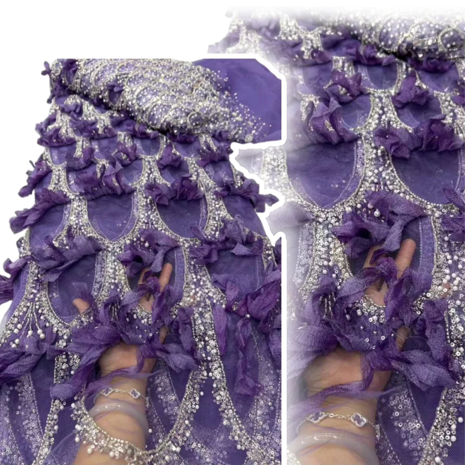 

Luxury African Fabric Lace 5 Yards 3D Lace High Quality Green Sequin French Beaded Lace Fabrics For Wedding Dress Sewing AH1179