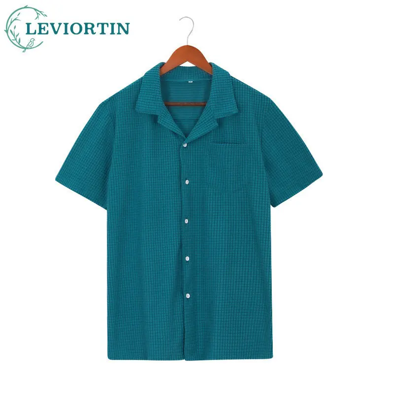 2025 Men's summer new Japanese style fresh, simple and versatile single breasted lapel loose solid color checkered shirt top