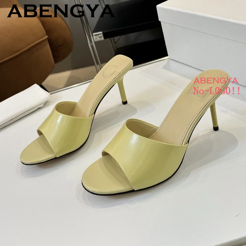 2025 Summer Real Leather Thin High Heels Slippers For Women Fashion Retro Open Toe Stilettos Mules Sexy Party Dress Shoes Mujer