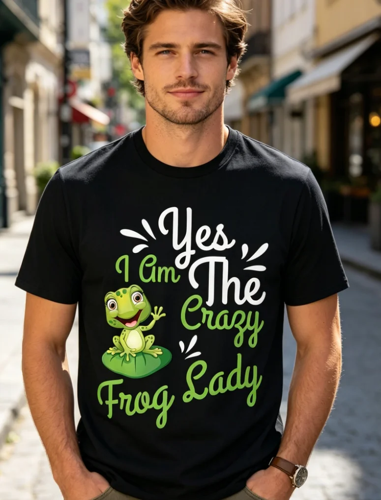Men's Yes, I'm A Crazy Frog Lady Graphic T-Shirt Soft Vintage Short Sleeves Black with Green Frog Casual and Comfortable Fit