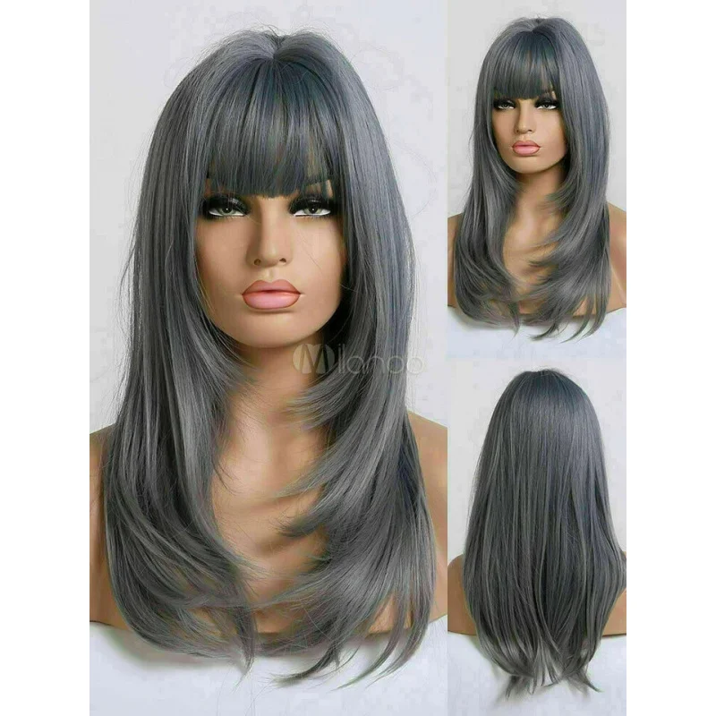 Salt And Pepper Long Gray Straight Layered Synthetic Capless Wigs
