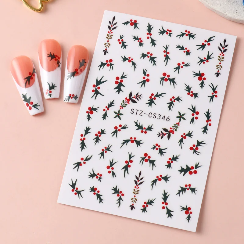 2pcs Christmas Holly Nail Art Stickers Xmas Flower Leaf Designs Jolly New Year Winter Adhesive Decals Sliders Decoration