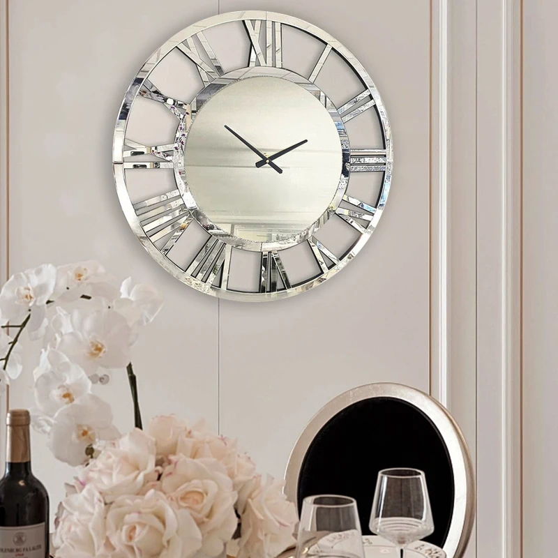 

Living Room Record Wall Clock Glass Mirror Modern Decoration Roman Large Silver Wooden Round 3