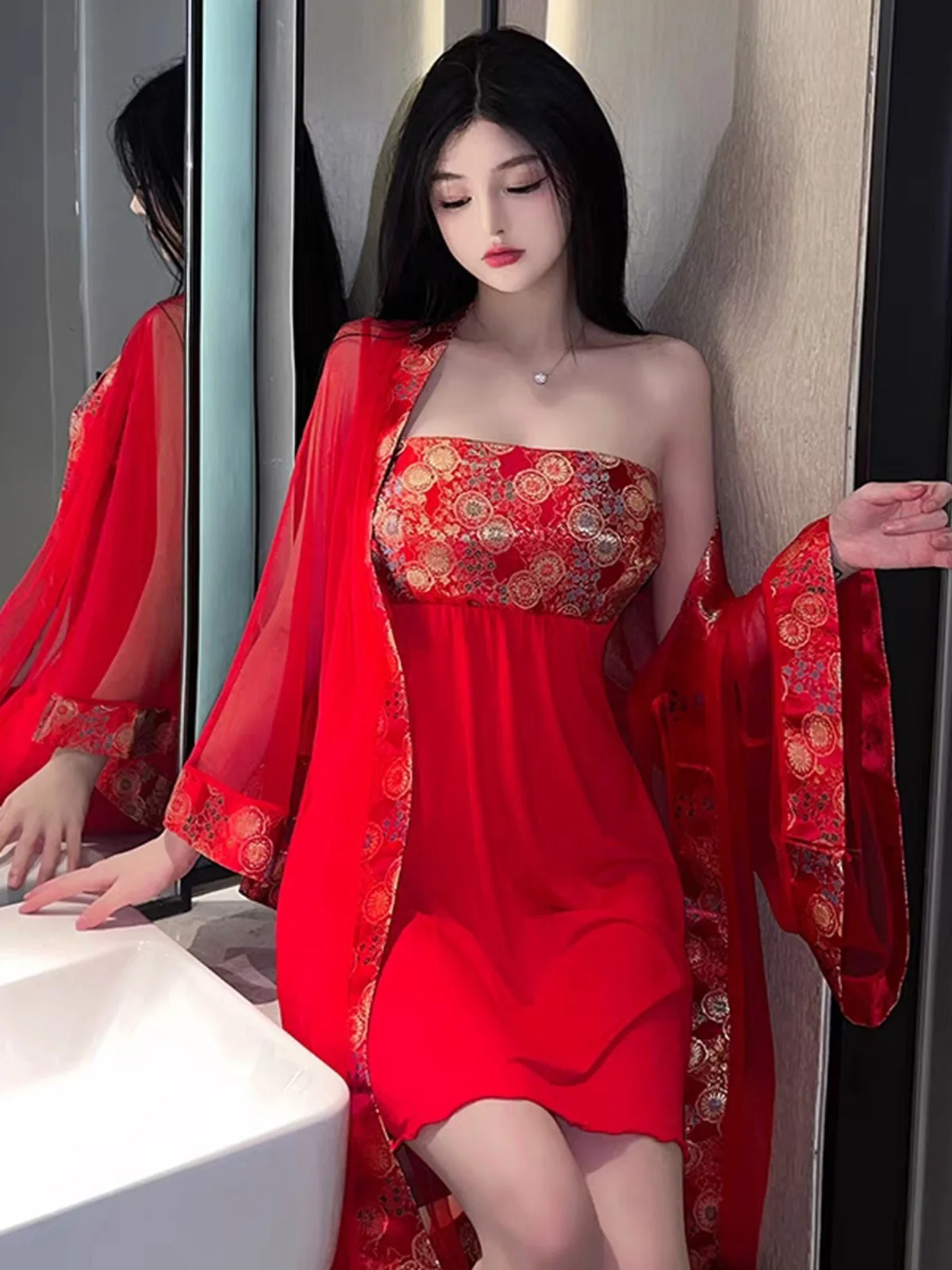 Sexy Ancient Style One Shoulder Printed Chemise Nightgown Loose Mesh Home Robe Sleepwear Set Women Long Sleeve Short Dress