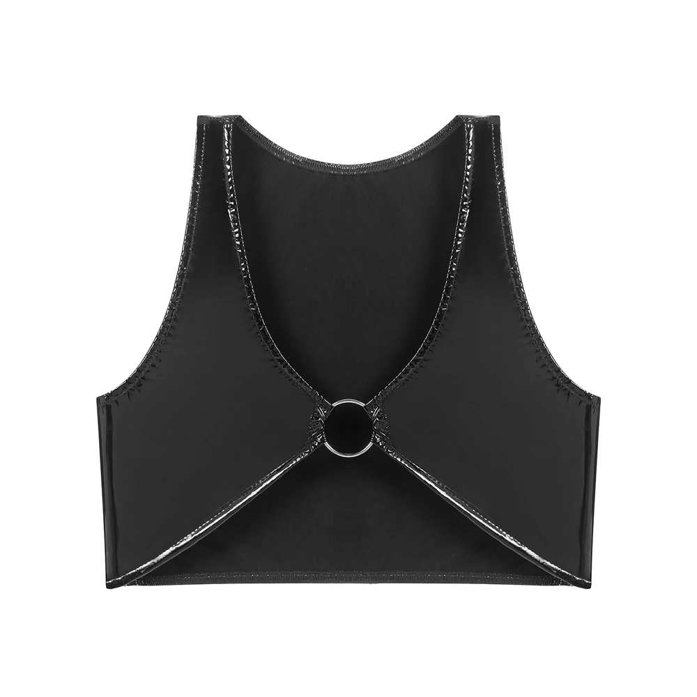 S-3XL Mirror Leather Bra Exposed Bosom Sexy Tank Top Shiny PU Leather Bustier Crop Tops Tight Metal Ring Vest woman Sport Jacket