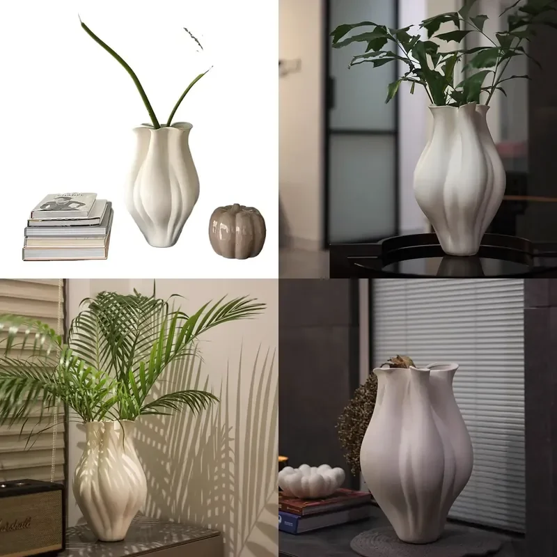 Modern Light Luxury White Pleated Vase for Home Decor Cream Style Ornament for Bedroom Entrance Desktop Model Room Exhibition