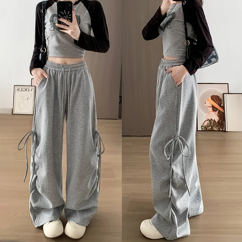 Harajuku Jogginghose mit weitem Bein für Damen, Y2K-Schleife, Schnürung, hohe Taille, übergroße Hose, Hip Hop, Baggy, graue Sporthose für Damen
