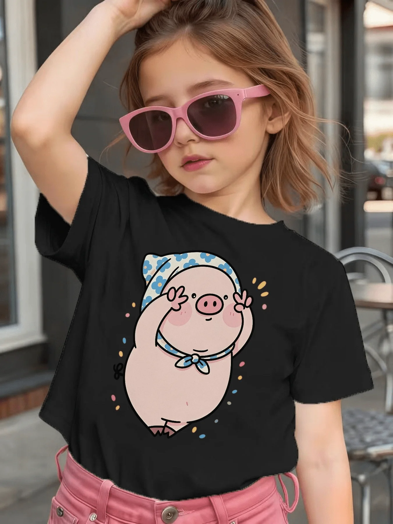 Bandana Cute Pig Cartoon Print Kids T Shirt Boys Girls Family Match Cotton Short Sleeve Summer Children Casual Basic Wear