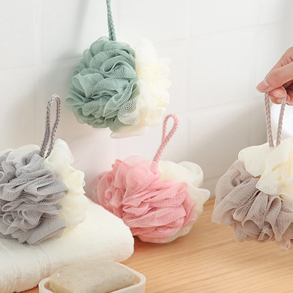 

4 Pcs Bath Ball Large Nylon Mesh Sponge Pouf Double Color Soft Fiber for Shower Home Travel Cleaning Body Skin